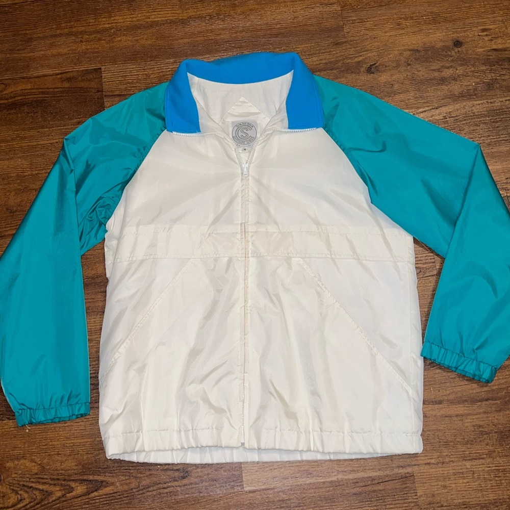 Vintage 90s White Retro Colorblock Blue Windbreaker Bomber Zip Up Jacket Size M - Picture 6 of 14